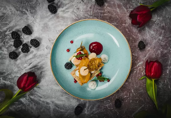 Top View With Fried Shrimp Dish With Apple Balls, Mayo, Cranberries