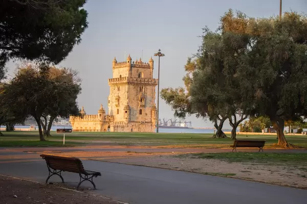 Torre de Belém from the park at sunrise