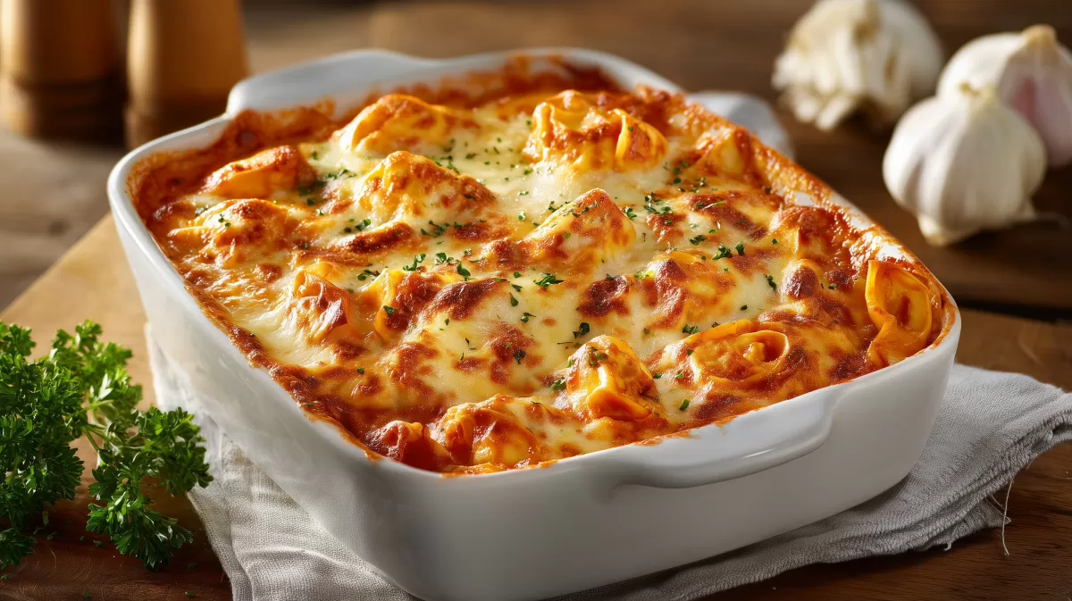 Tortellini-Auflauf in würziger Tomatensauce mit Käse