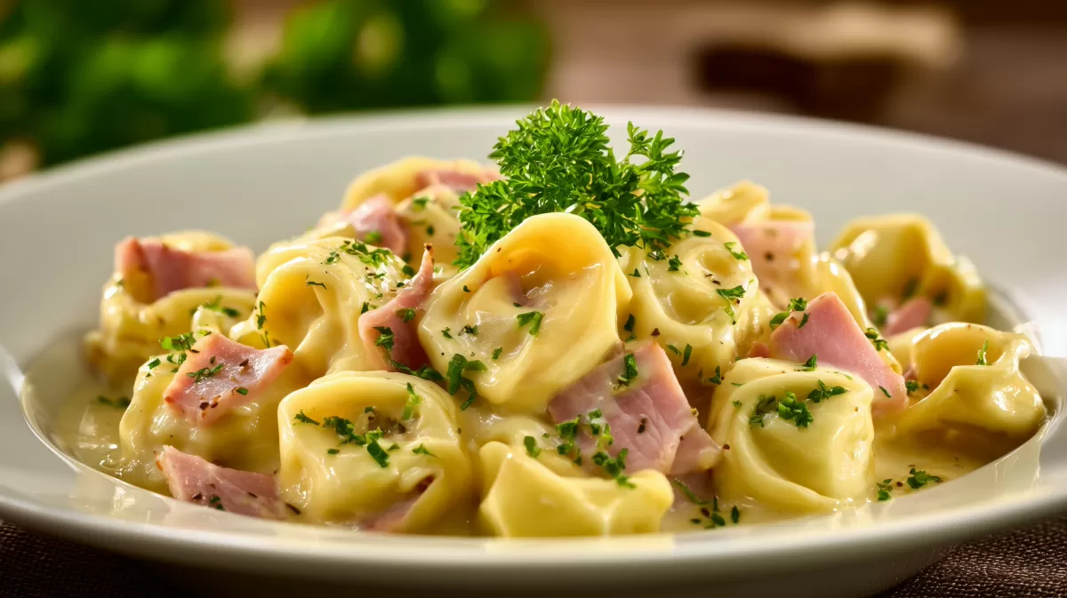 Tortellini in Schinken Käse Sahne Sauce mit Petersilie