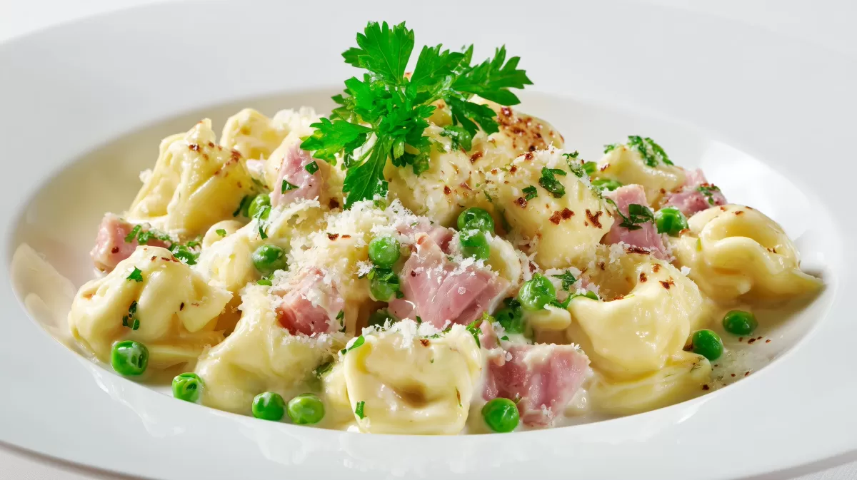 Tortellini Panna Prosciutto mit Erbsen und Parmesan