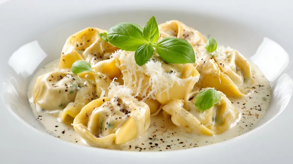 Tortelloni in Käsesahnesauce mit Basilikum