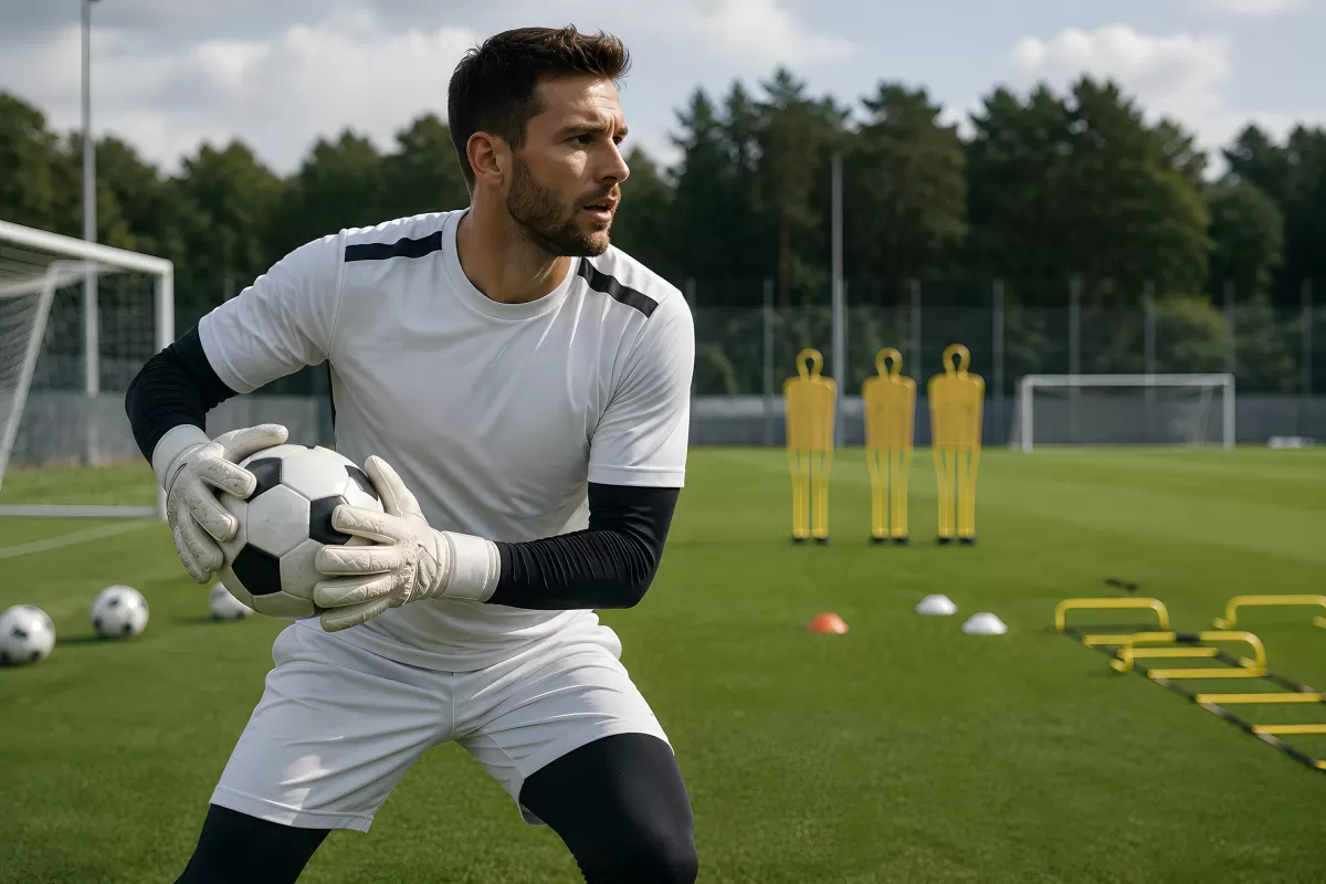 Torwart beim Training hält Fußball auf Trainingsplatz