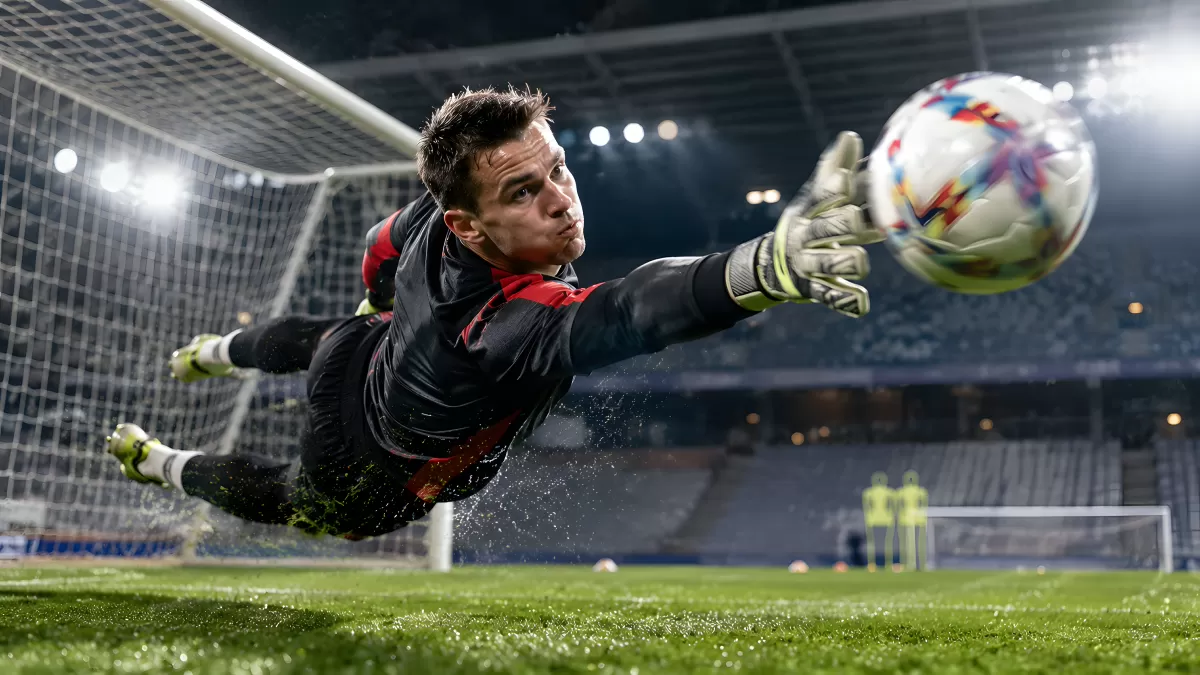 Torwart fliegt zum Ball beim Nachtspiel im Stadion