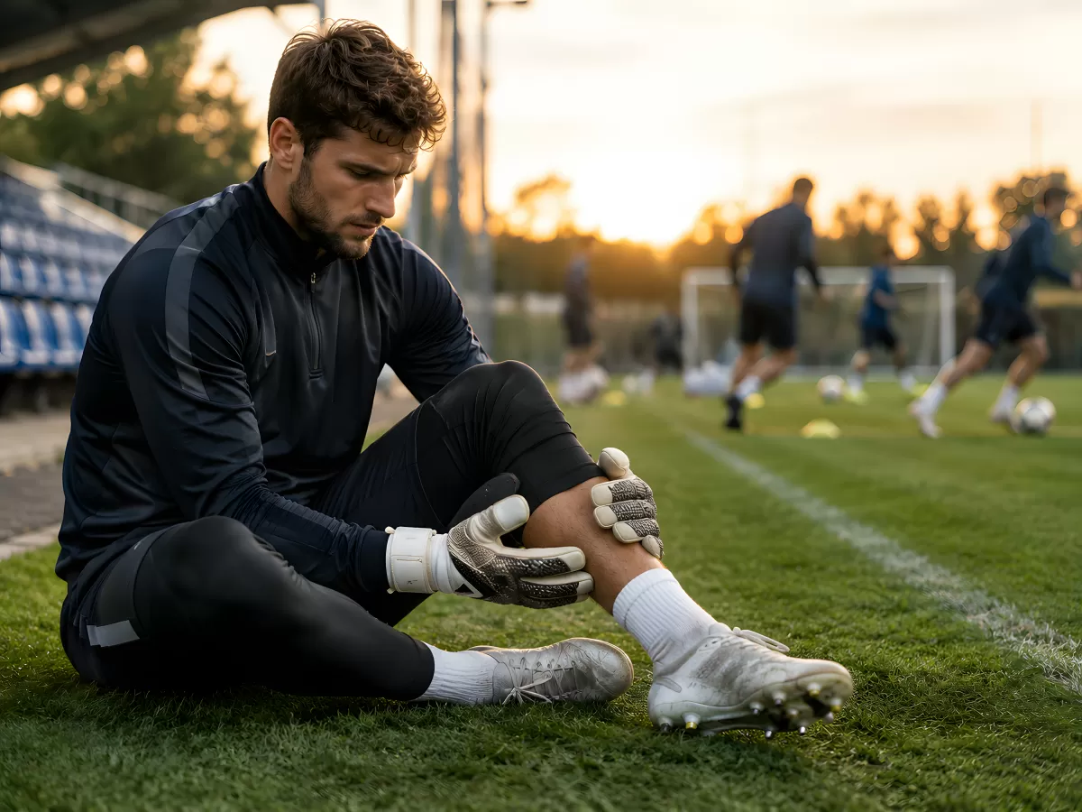 Torwart sitzt verletzt auf dem Rasen beim Training