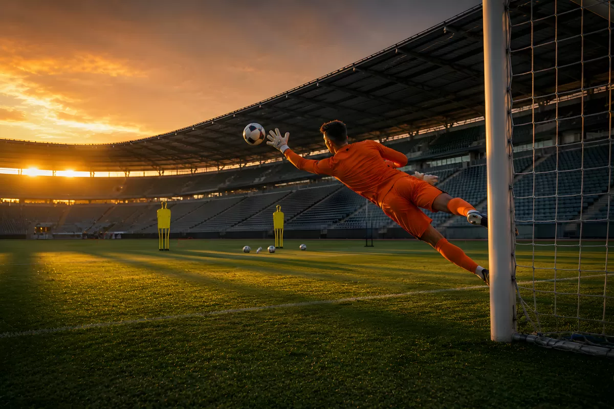 Torwart springt beim Sonnenuntergang nach dem Ball
