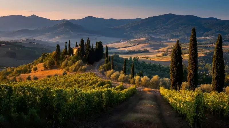 Toskanische Landschaft mit Weinbergen Zypressen und Hügeln