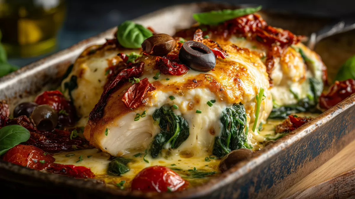 Toskanischer Hühnchen Auflauf mit Spinat und Oliven