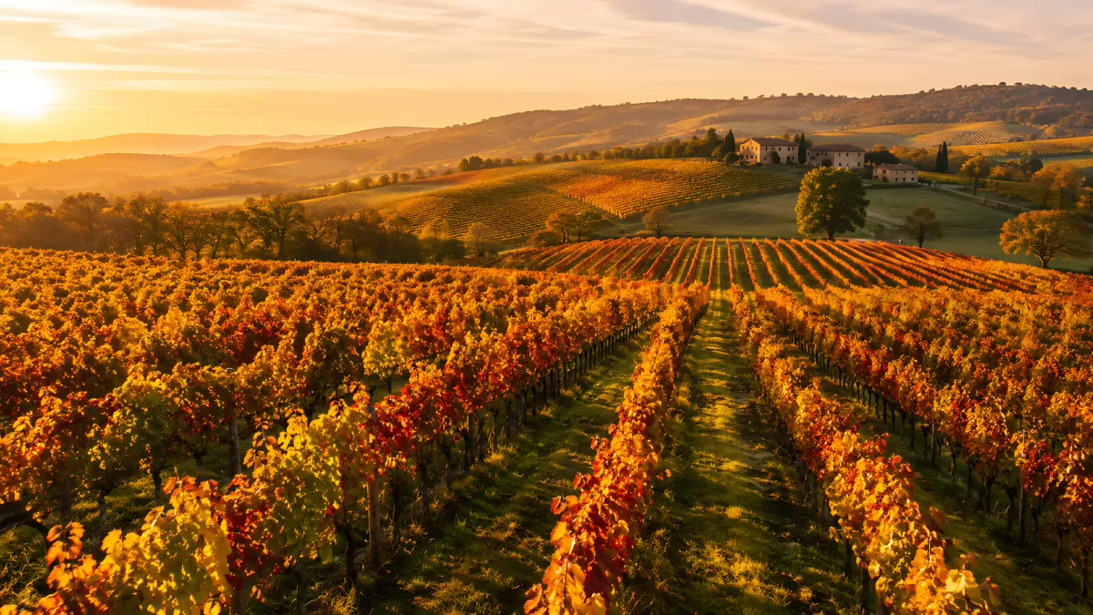 Toskanischer Weinberg im Herbst bei Sonnenuntergang