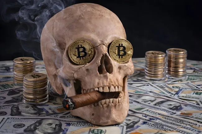 Totenkopf mit Bitcoin-Münzen und Bargeld im Bärenmarkt
