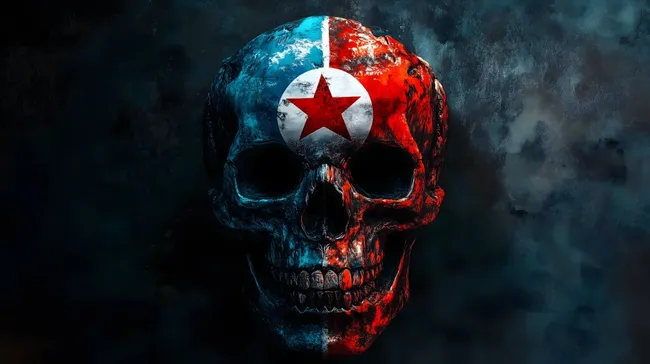 Totenschädel mit nordkoreanischer Flagge in Düsterer Darstellung