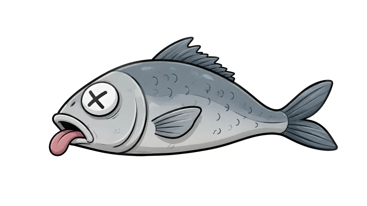 Toter Cartoon-Fisch mit X-Augen und herausgestreckter Zunge