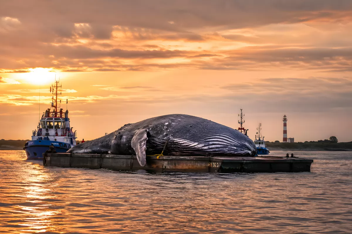 Toter Wal wird auf Lastkahn bei Sonnenuntergang transportiert