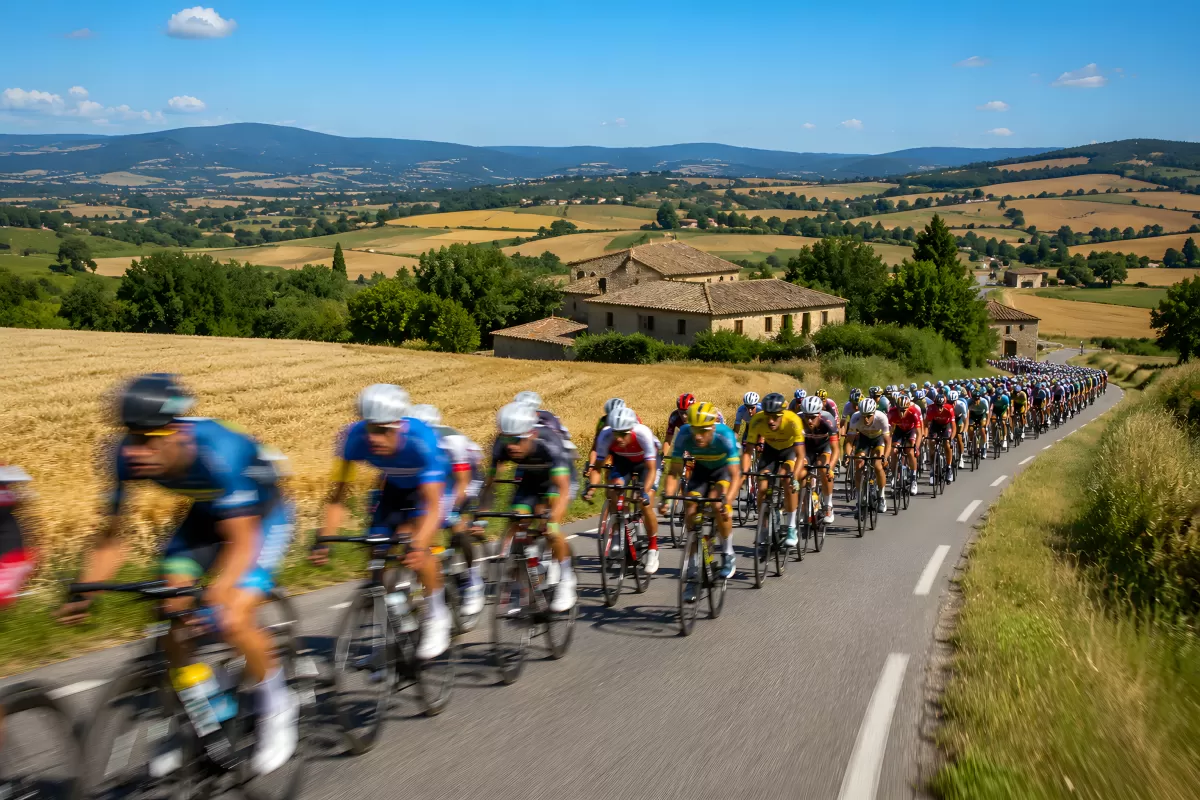 Tour-de-France-Peloton auf Landstraße durch hügelige Felder