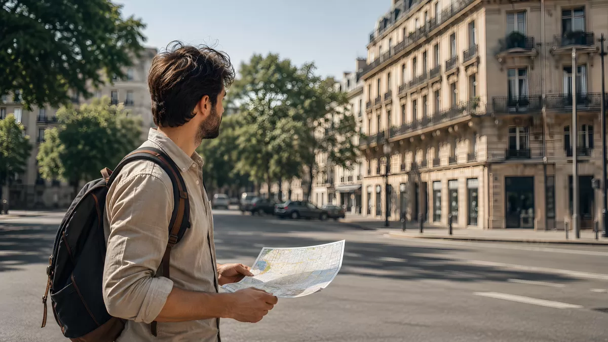 Tourist mit Stadtplan auf belebter Pariser Straße