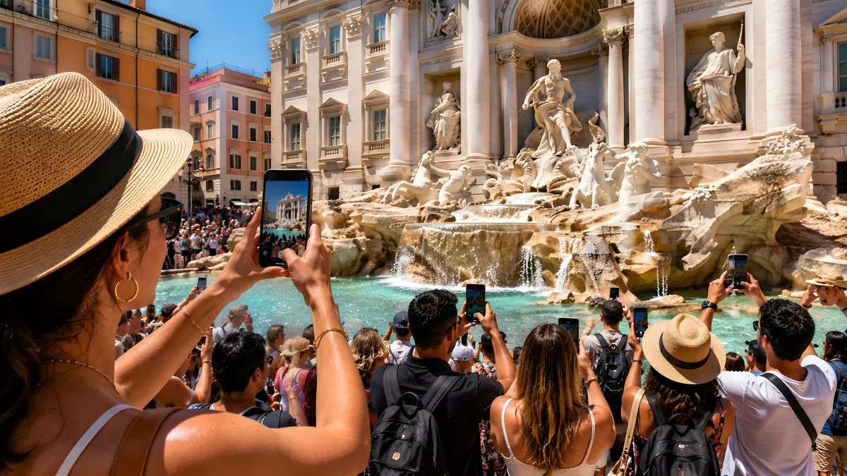 Touristen am Trevi-Brunnen in Rom mit Kamera