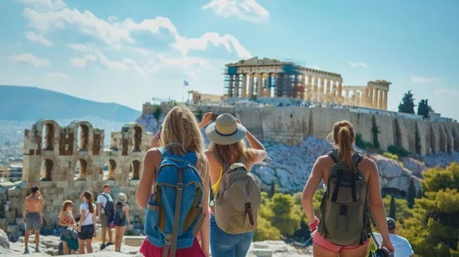 Touristen bewundern die antike Akropolis von Athen
