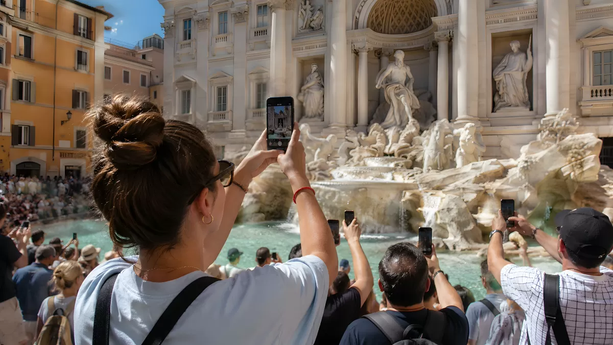 Touristen fotografieren den Trevi-Brunnen in Rom