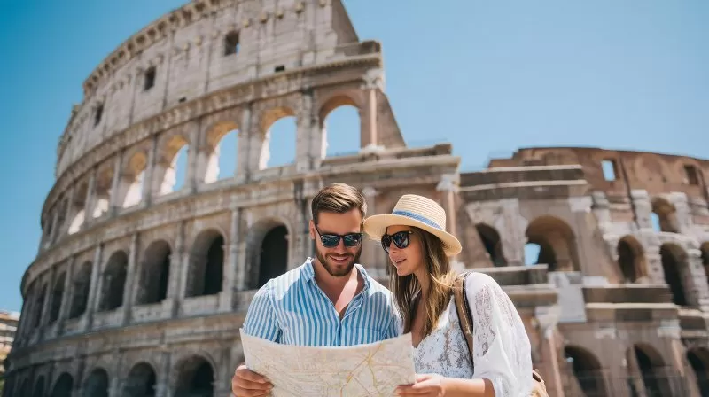 Touristenpaar mit Stadtplan vor Kolosseum in Rom