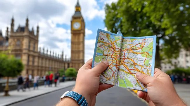 Touristin mit Stadtplan am Big Ben in London
