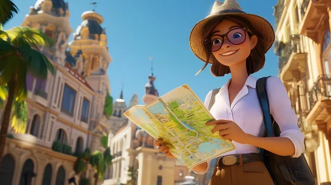 Touristische Frau mit Karte in historischer Altstadt