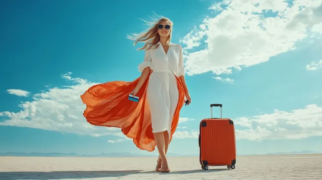 Touristische Frau mit Koffer auf Reisen bei Sonnenschein