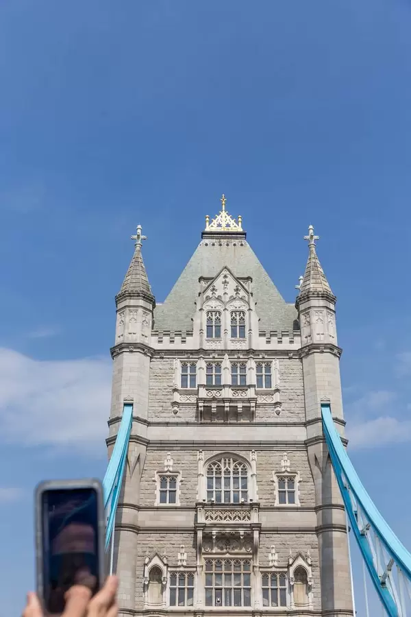 Tower Bridge in London photographed out of a sightseeing bus