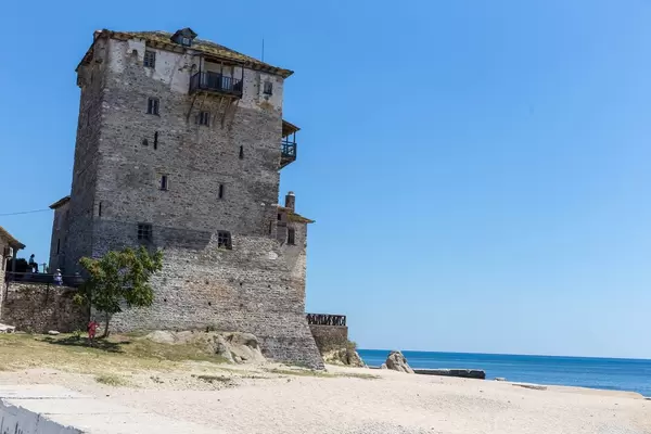 Tower of Prosfori on the beach of Ouranoupoli, Greece