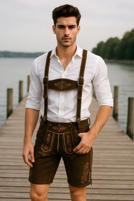 Trachtenlederhose und weißes Hemd auf Steg