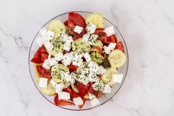 Traditional Balkan salad with Tomato Cheese Cucumber and Onions (Flip 2019)