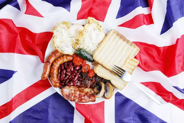 Traditional English breakfast, Union flag background