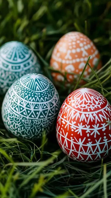 Traditionell bemalte Ostereier auf Gras