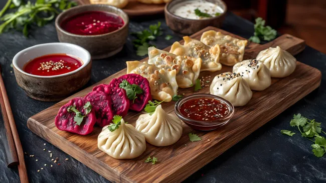 Traditionelle asiatische Teigtaschen mit Beilagen auf rustikalem Holzbrett