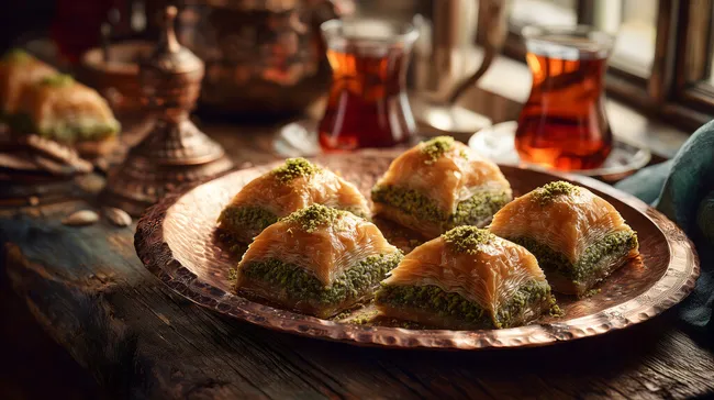 Traditionelle Baklava-Häppchen mit Pistazien auf Kupfertablett