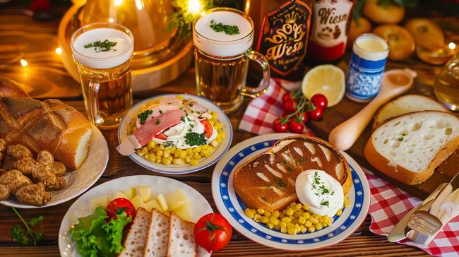 Traditionelle bayerische Brotzeit mit Bier und Wurstsalat
