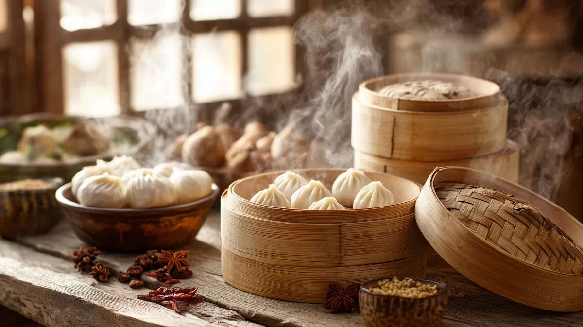 Traditionelle chinesische Dampfgarnelen in Bambuskörben