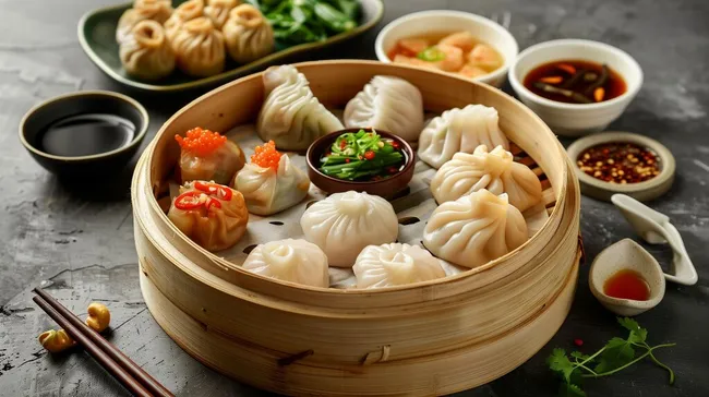 Traditionelle chinesische Dim-Sum-Köstlichkeiten in Bambuskörbchen