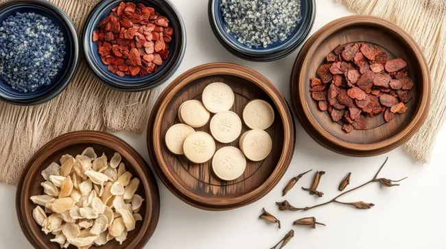 Traditionelle Chinesische Heilkräuter in Holzschalen