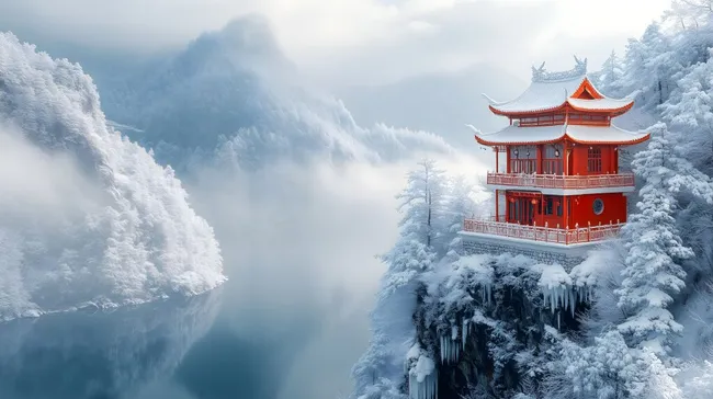 Traditionelle chinesische Pagode im verschneiten Gebirge