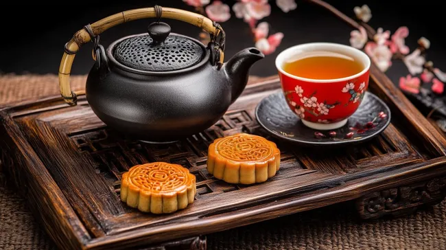 Traditionelle chinesische Teekanne und Mondkuchen zum Mondfest
