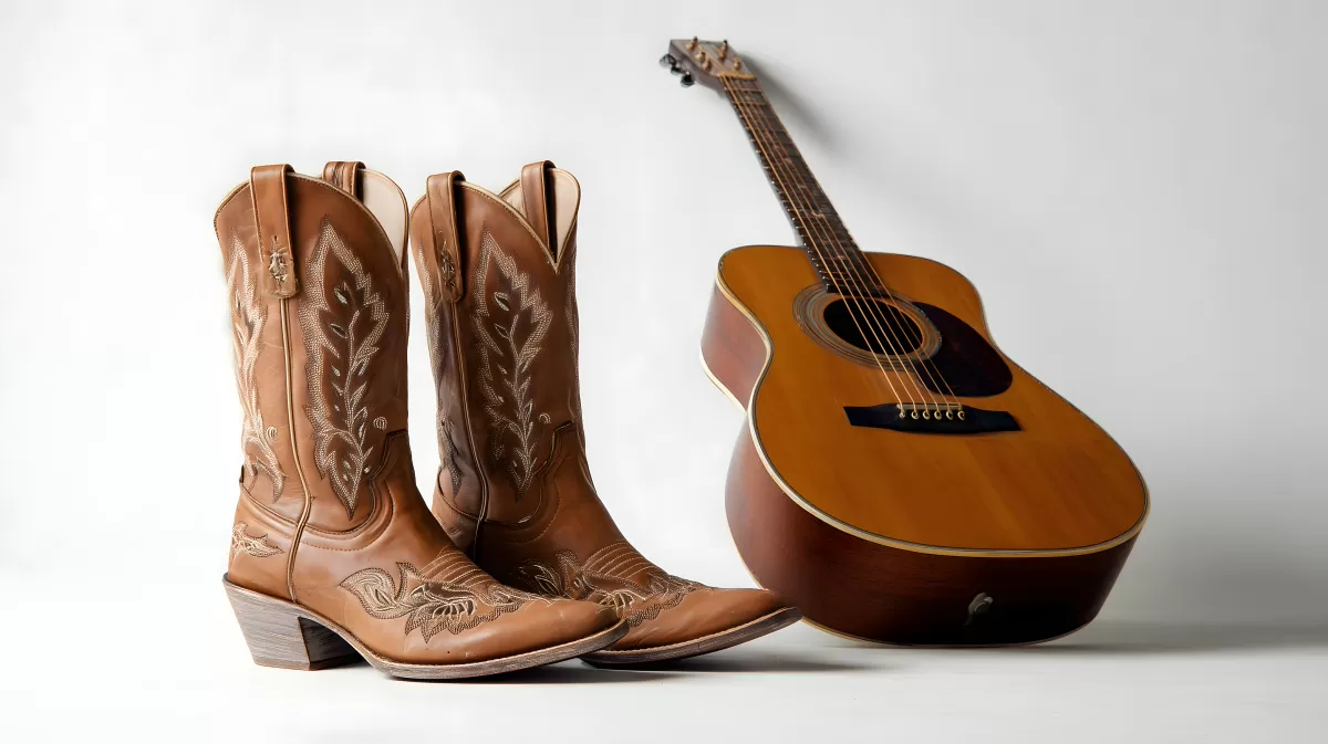 Traditionelle Country-Musik-Atmosphäre mit Cowboystiefeln und Akustikgitarre