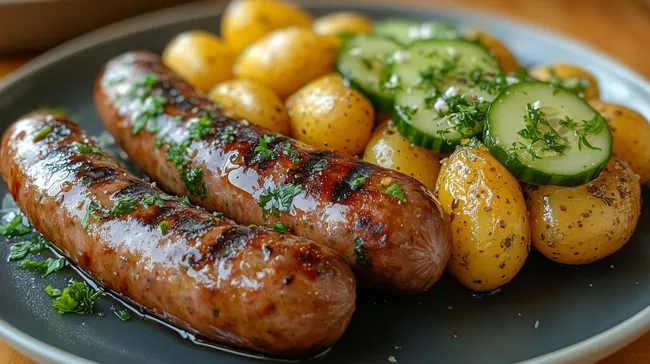 Traditionelle deutsche Bratwurst mit Kartoffeln und Gurkensalat