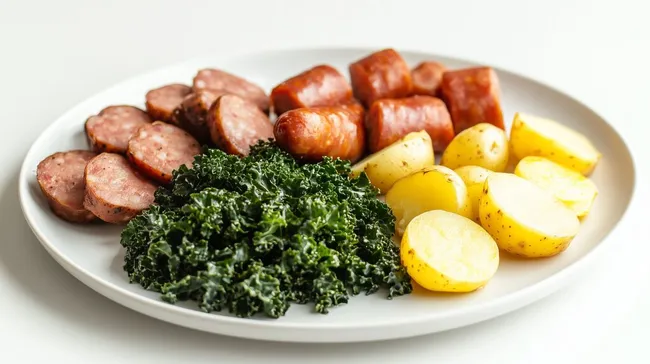 Traditionelle deutsche Grünkohlplatte mit Wurst und Kartoffeln