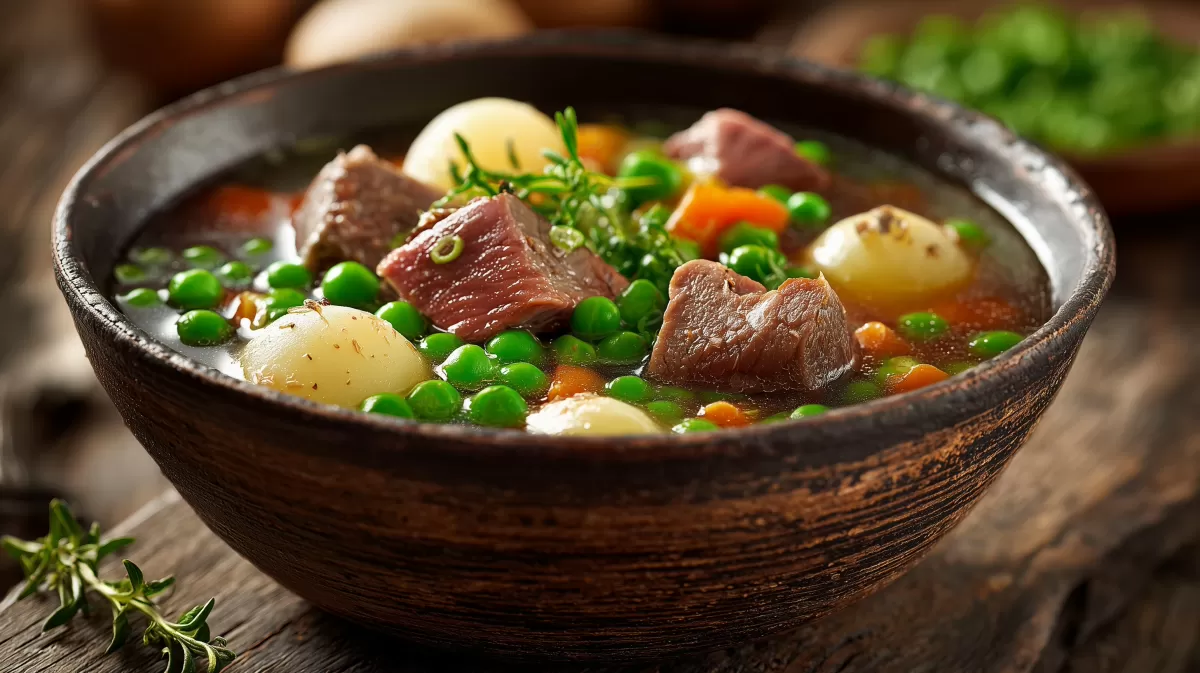 Traditionelle Erbsensuppe mit Kochschinken und Gemüse