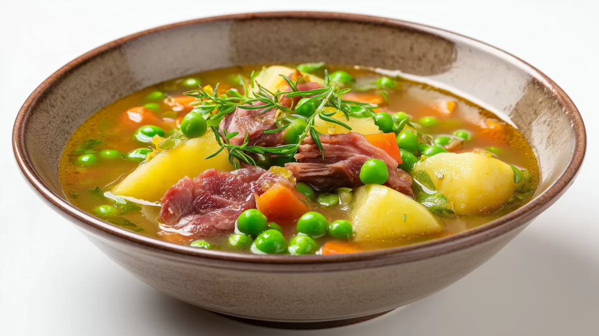 Traditionelle Erbsensuppe mit Kochschinken und Kartoffeln