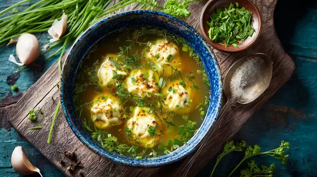 Traditionelle Fleischklößchen-Suppe mit grünen Kräutern