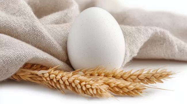 Traditionelle Frühstücksidee: Ei, Weizen und Leinen