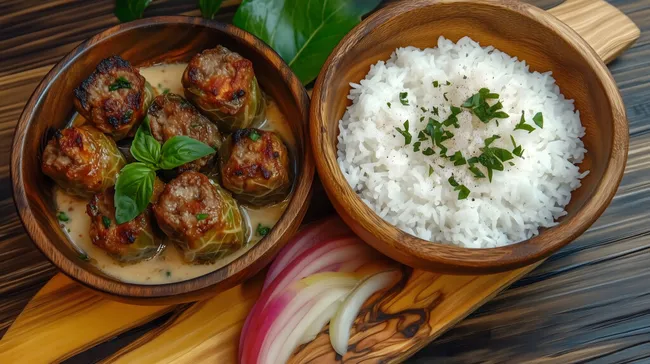 Traditionelle gefüllte Kohlrouladen mit Reis und Zwiebeln
