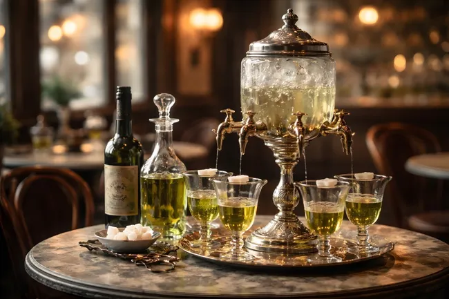 Traditionelle Getränkestation mit Absinthbrunnen und Gläsern