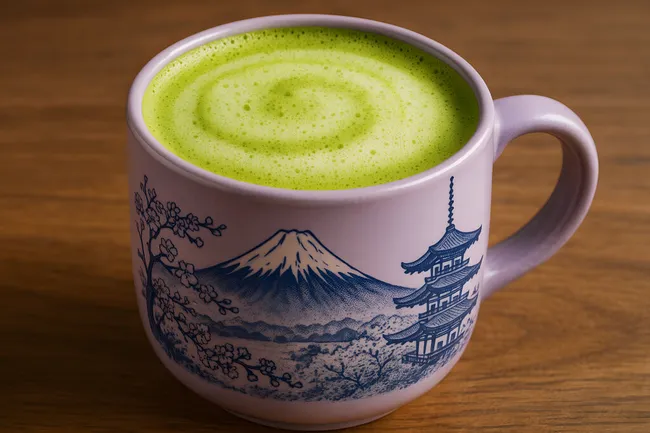 Traditionelle japanische Matcha-Tasse mit Bergpanorama